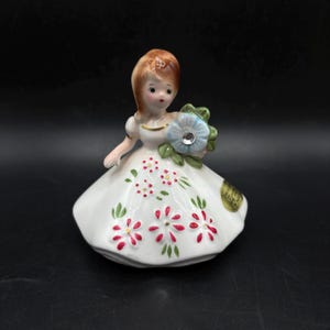 Vintage Josef Originals December Month Zircon Lady Dressed in White Gown with Red Florals