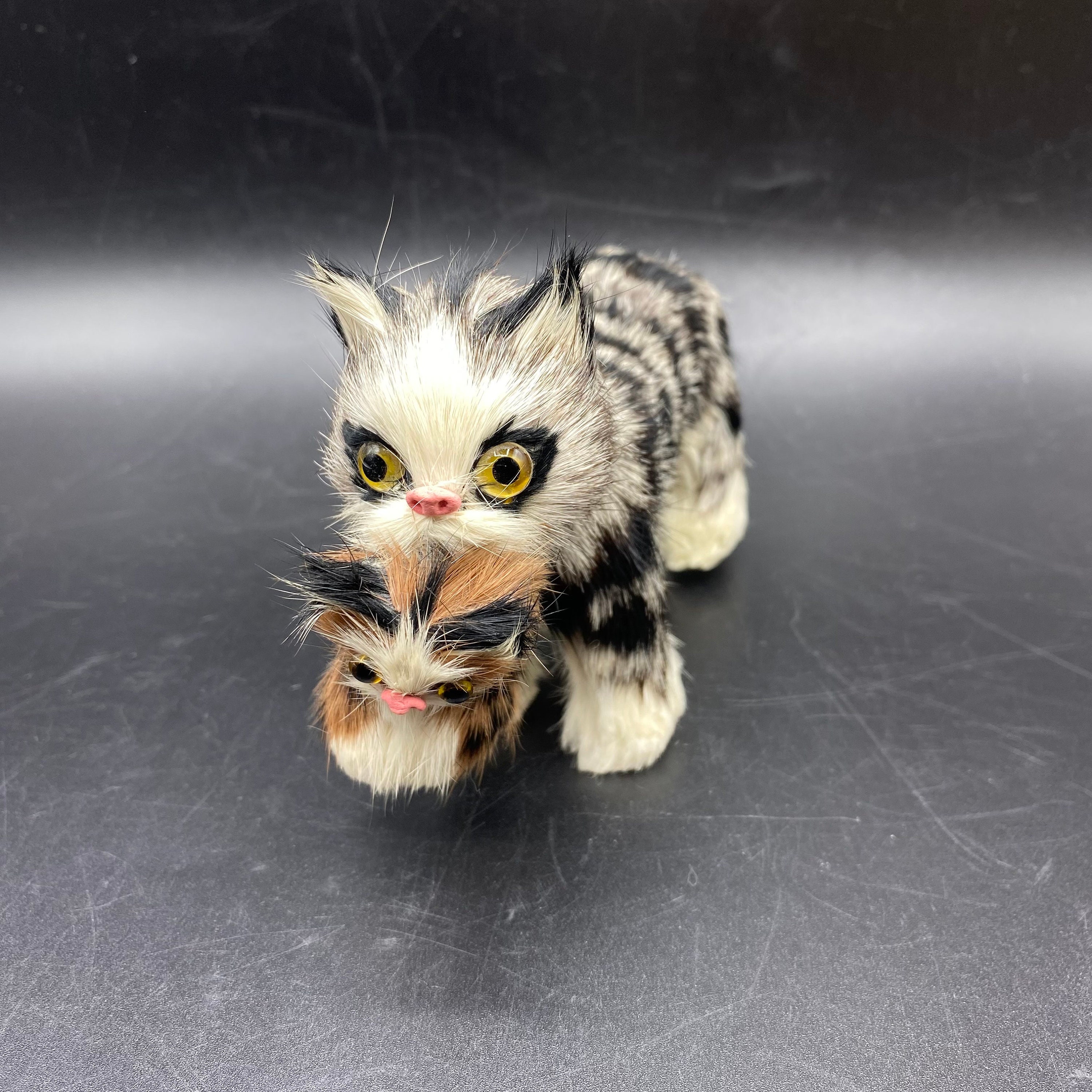 Vintage 1960s Realistic Cat Figure: Mommy Cat Holding Baby Kitten