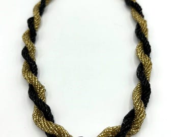 Vintage Art Deco Twisted Black & Gold Glass Bead Necklace