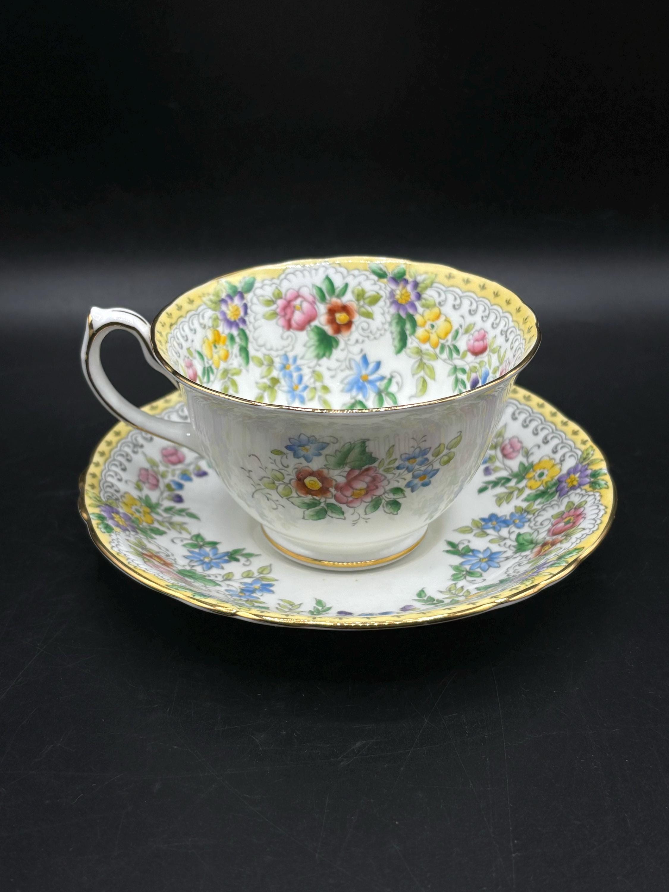 Vintage Hammersley Bone China Floral Tea Cup - Yellow Border, Made