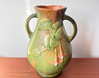 Wazon Vintage Roseville Pottery Fuchsia Green z podwójnym uchwytem, stan jak jest
