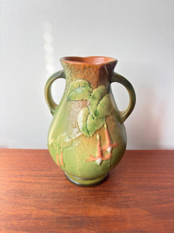 Vintage Roseville Pottery Fuchsia Green Double Handled Vase