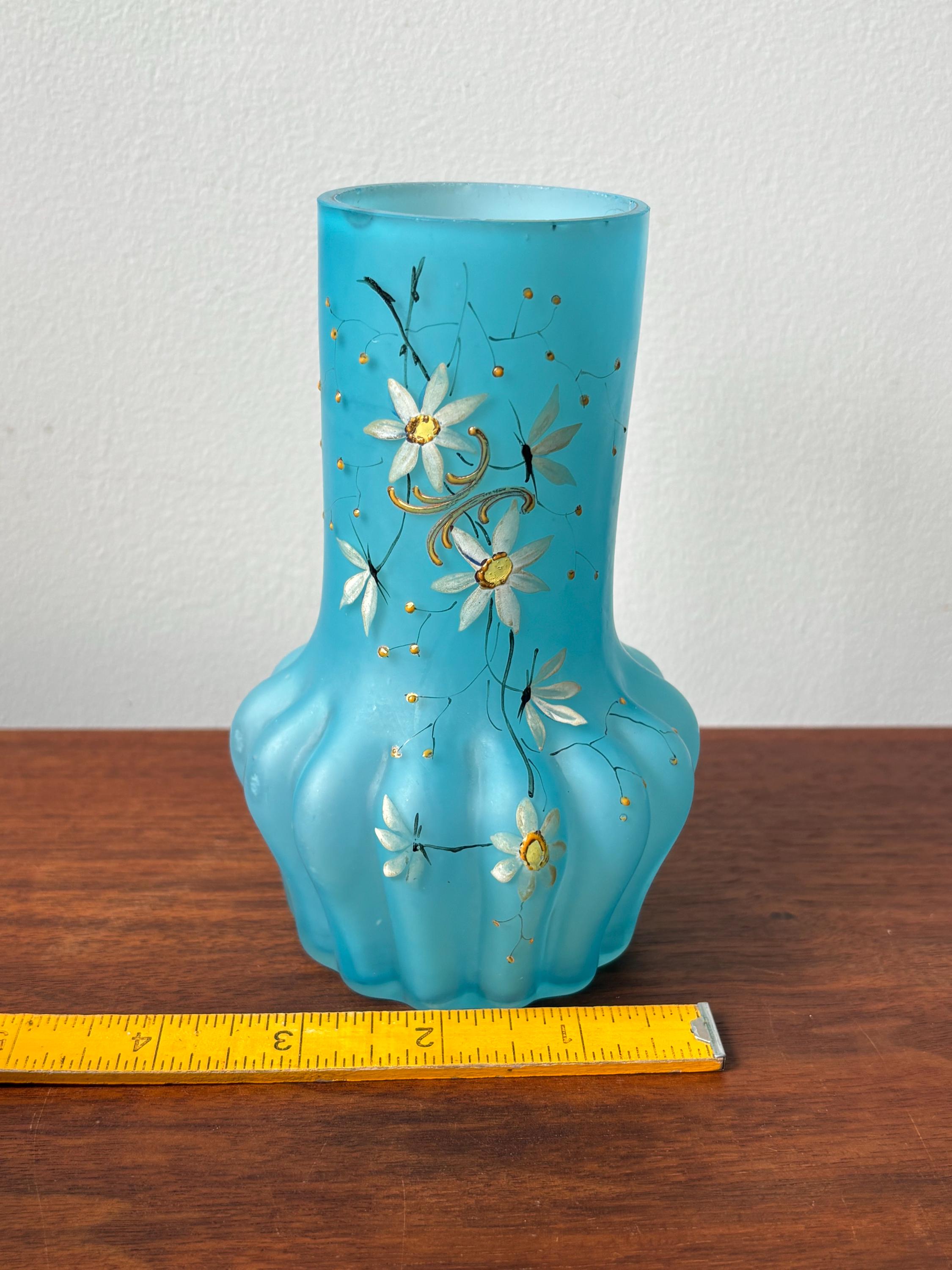 Victorian Blue Satin Art Glass Vase: Hand-painted Daisy Enamel