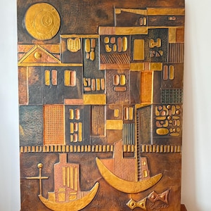 Vintage MCM Brutalist Copper Relief Wall Panel Art, City Scape Boats, Artal Chile