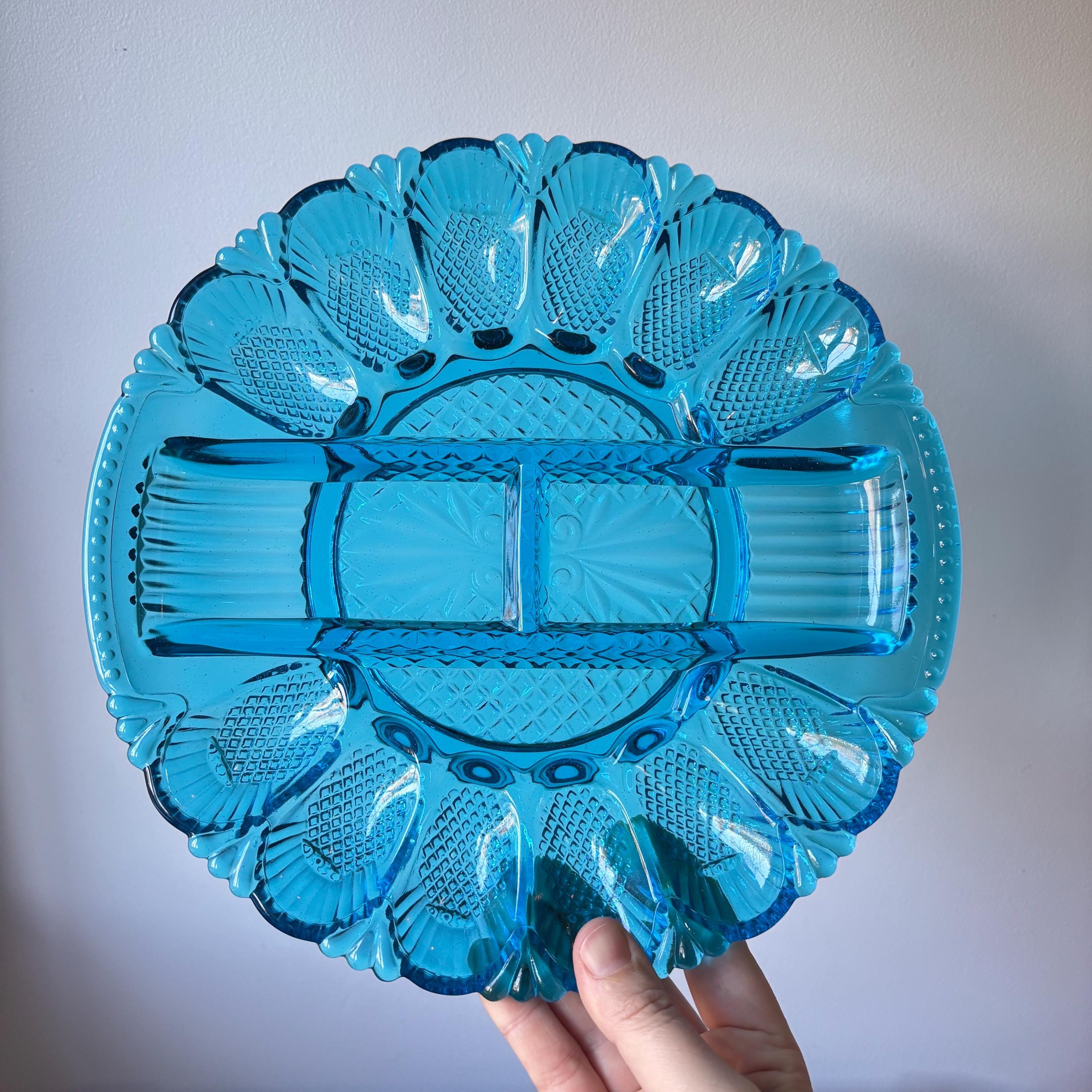 Vintage LE Smith Aqua Blue Glass Relish Tray - 11