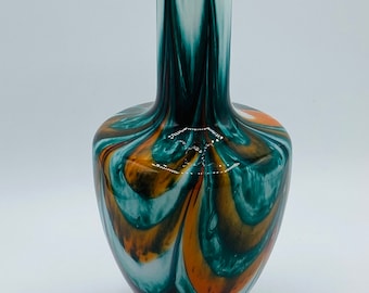 Italiaanse Pop Art Vaas, Opaline Florence Italiaanse Empoli Vaas, Groen Oranje en Wit Marmeren Kunst Glazen Vaas