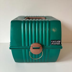Puede incluir: Un transportín para mascotas Sassaby de color verde azulado con asa y cierre marrones. El transportín tiene detalles acanalados verticales en la parte delantera y superior. El logotipo de Sassaby se muestra en la parte delantera.