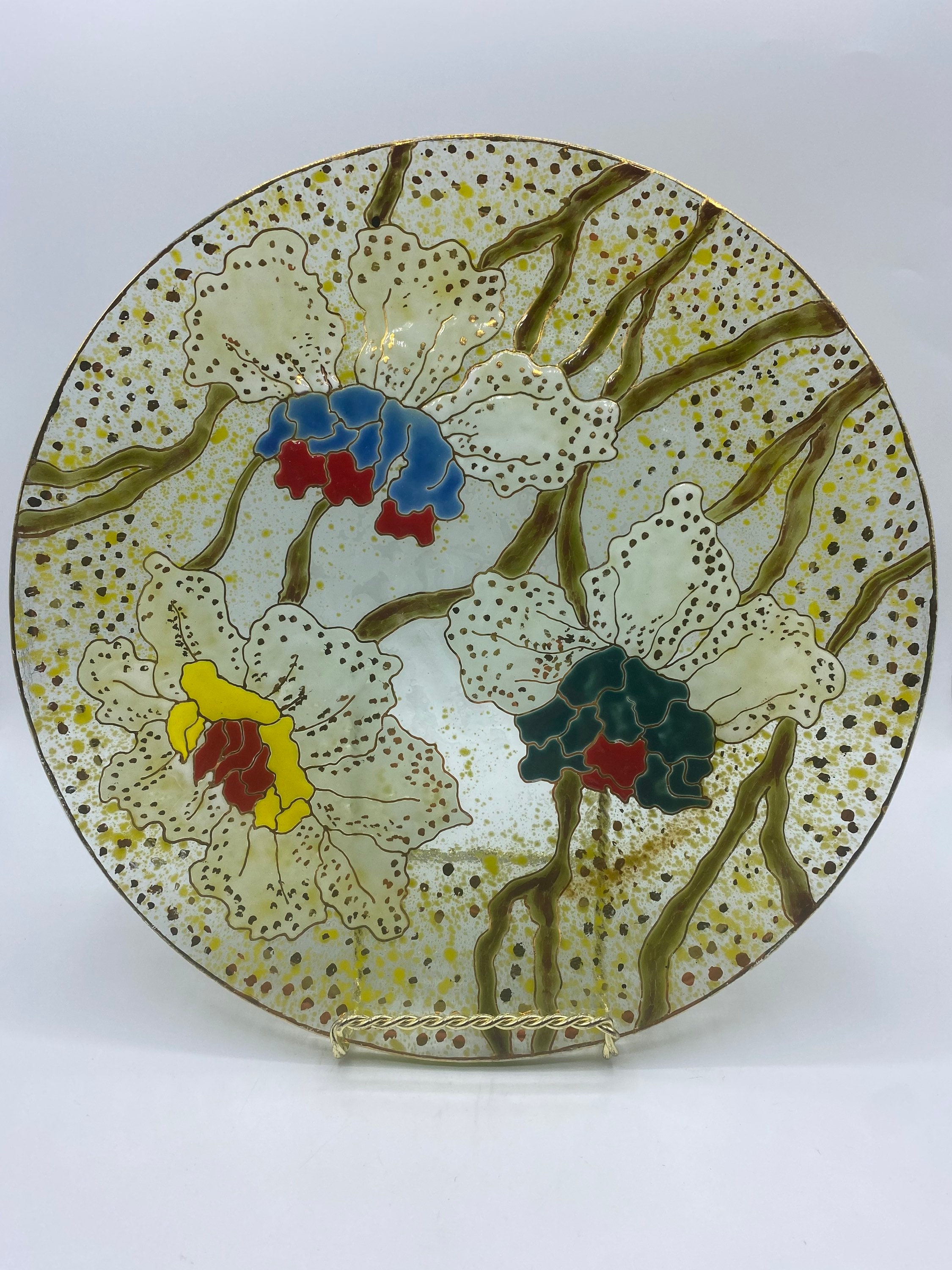 Hand-Painted Enamel Floral Glass Plate: Oriental Blossoms Decor