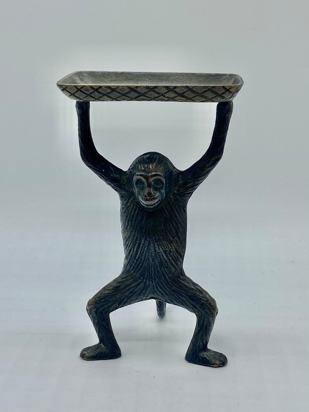 Vintage Bronze Brass Monkey Holding Tray Overhead Metal Etsy