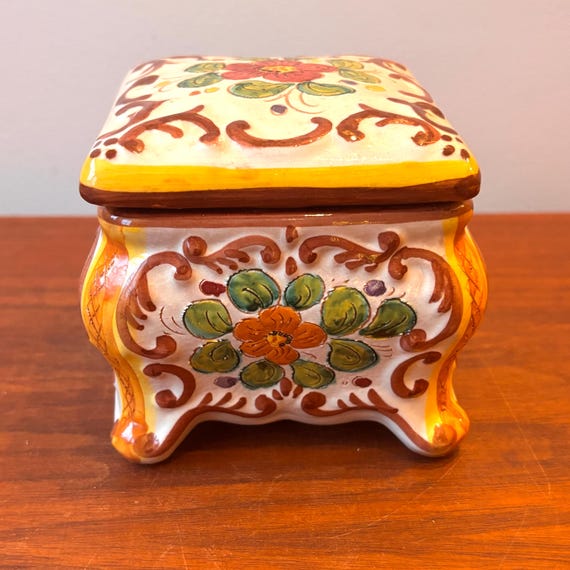 Vintage Italian Handpainted Ceramic Footed Trinket Dish: Floral Bouquet Keepsake Box