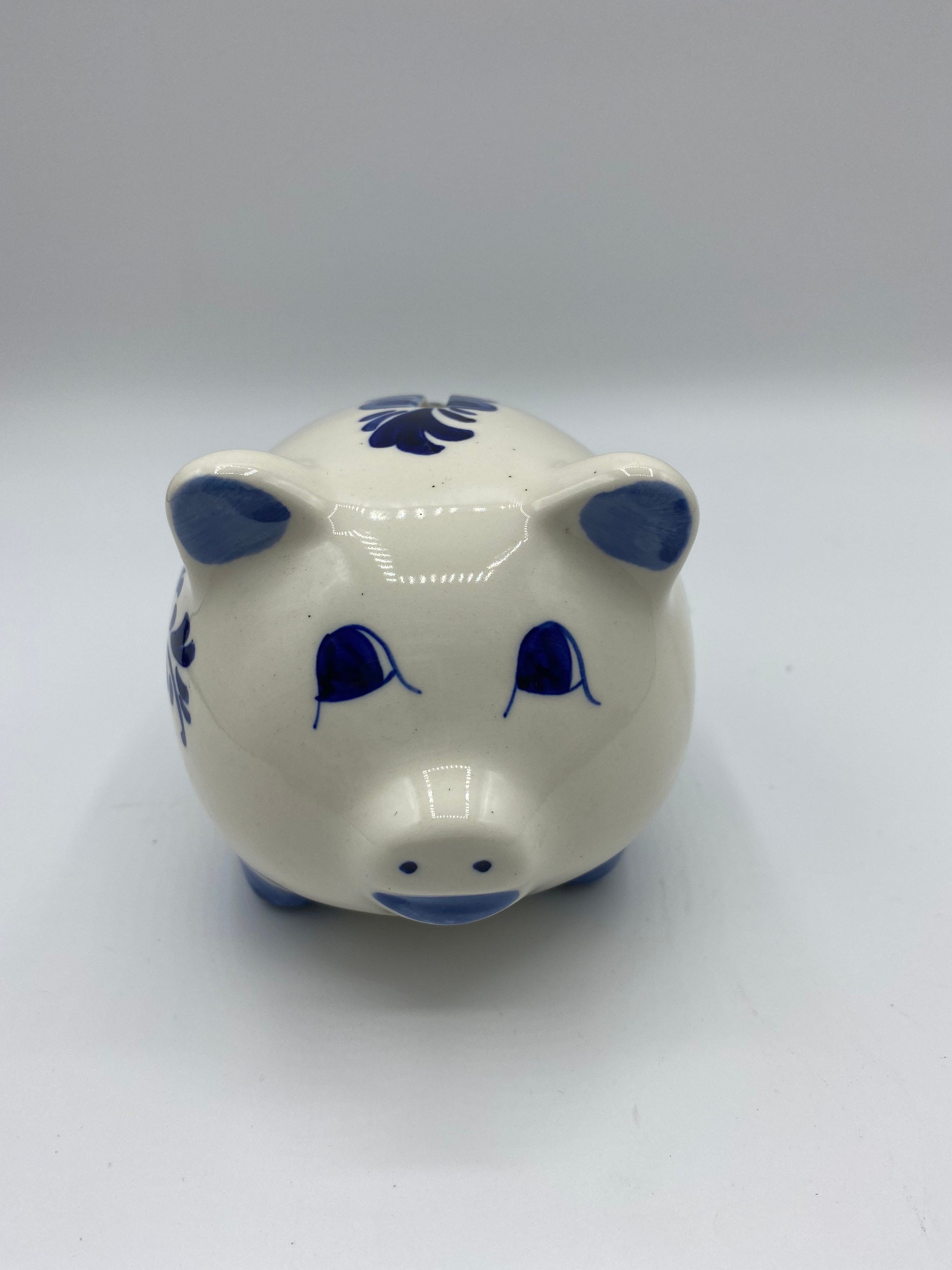 ヴィンテージハンドペイント デルフトブルー 豚貯金箱　ブルーホワイト　風車 花柄 ヴィンテージ ハンドペイント デルフトブルー 豚 貯金箱 ブルー