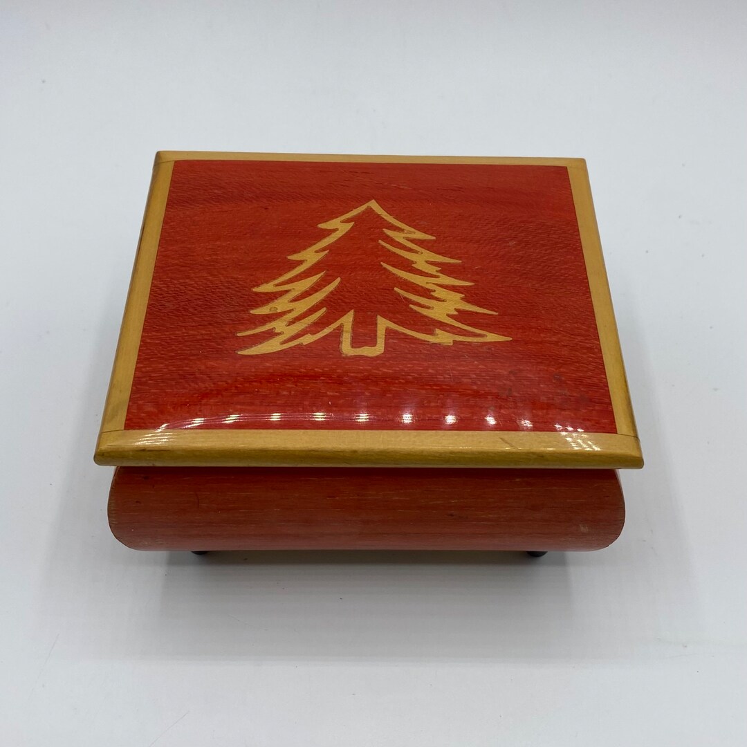 Vintage SM Italian Wood Reuge Music Box With Christmas Tree Motif Swiss