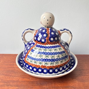 Polish Pottery Blue and White Cheese Lady Top Cheese Dome, Zaklady Boleslawiec Pottery, Blue Rose Polish Pottery Cheese Butter Keeper