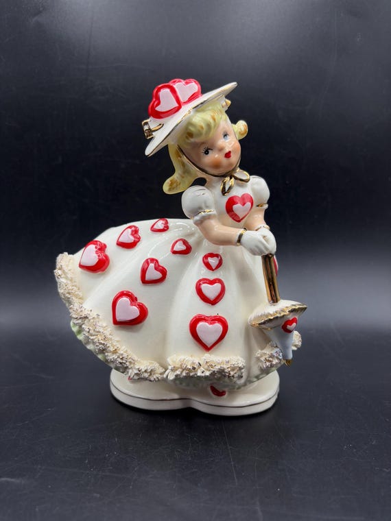 Vintage Relpo Valentines Lady Planter: Heart Dress, Parasol, Japan