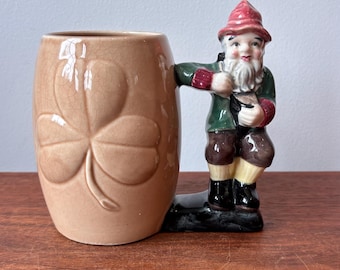 Vintage Stafford Japan Leprechaun Handle Lucky Clover Ceramic Mug