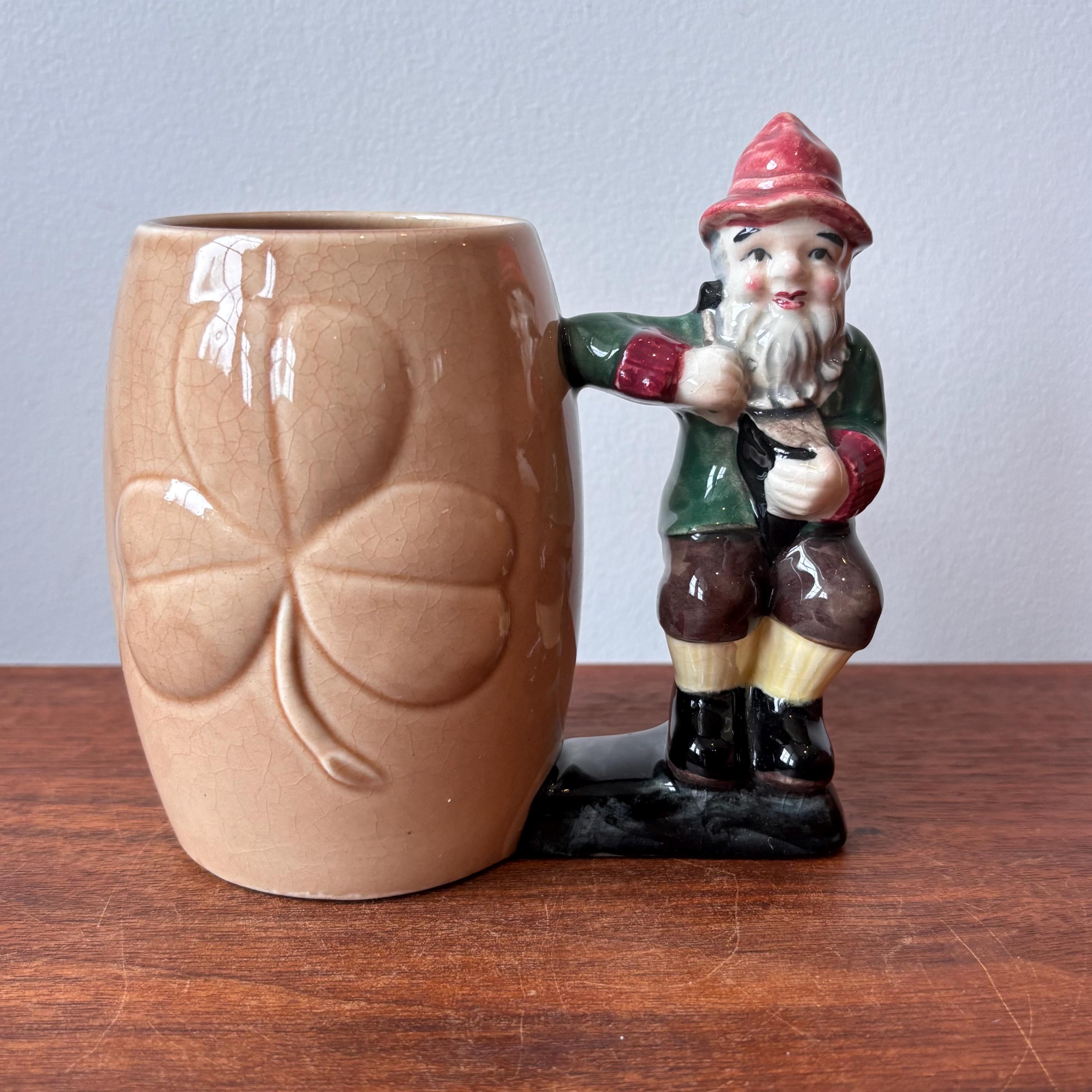 Vintage Stafford Japan Leprechaun Handle Lucky Clover Ceramic Mug