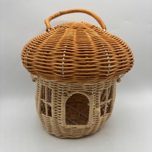 Vintage Wicker Acorn House Storage Basket, Mushroom Rattan Storage Basket, Woodland Theme Kids Storage Nursery