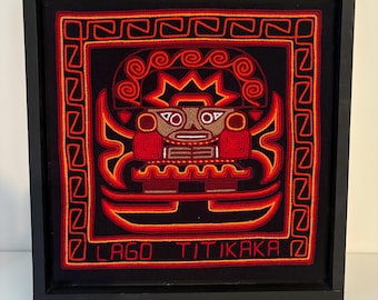Vintage Peruvian Textile Art: Inca God Embroidery, Framed Wall Decor