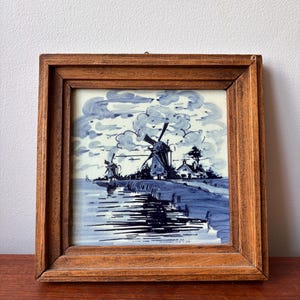 Vintage Wood Framed Blue and White Dutch Netherland Windmill Tile, Blueware Ceramic Tile, Gallery Wall