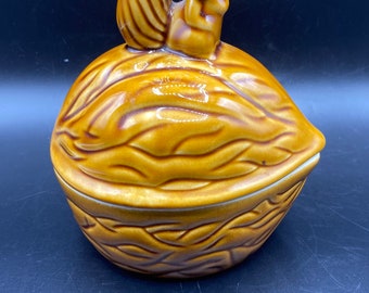 Vintage Brown Glaze Ceramic Acorn Lidded Jar with Figural Squirrel Topper