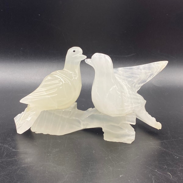 Vintage Carved Onyx Love Bird Doves on Branch Figurine, Carved Onyx Stone Birds on Branch, Stone Bird Figurines