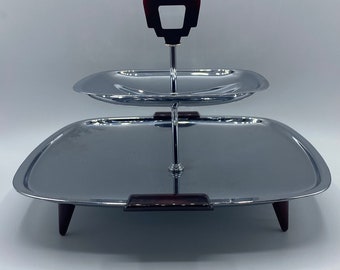 Vintage Glo Hill Chrome Serving Tray: Mid Century Modern 2-Tier Tidbit Tray
