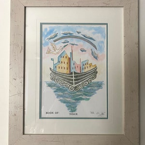 May include: A framed watercolor painting depicting Noah's Ark with a dove and rainbow above. The text "BOOK OF NOAH" is written below the ark.