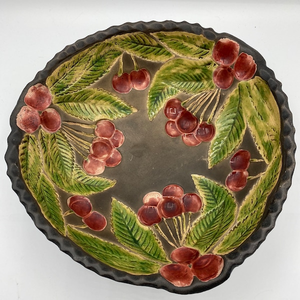 Vintage Studio Pottery Bowl with Hand Painted Cherries and Leaves, Art Pottery Fruit Bowl, Artist Signed