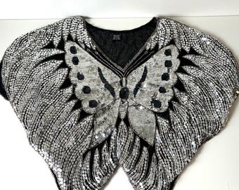 1980s Vintage Sequin Butterfly Top: Silver & Black Disco Silk