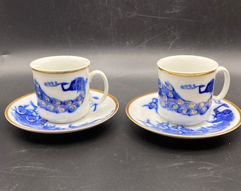 V. Dolejš, Sabina Loučky Czechoslovakia Cobalt Blue Peacock Cup and Saucer Set, 1960s