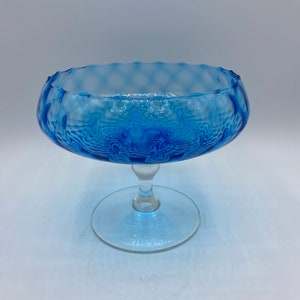 Vintage Blue Quilted Empoli Glass Pedestal Candy Dish
