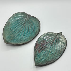 Vintage Blue Iridescent Raku Leaf Ring Dishes - Signed Studio Pottery