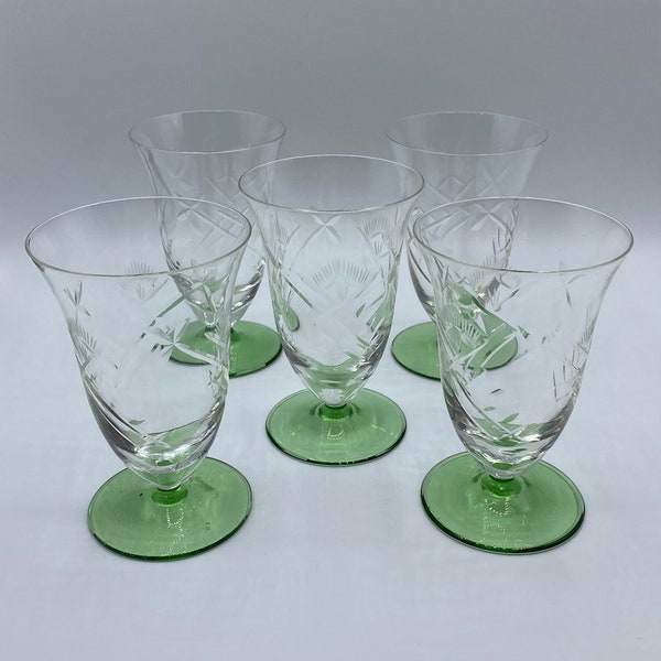 Set of 5 Vintage Depression Crystal Glass Green Footed Cone Shape Tumbler Champagne Glass with Etched Leaf Design