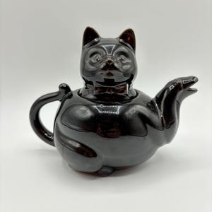 Vintage 1950s Shafford Redware Black Cat Teapot Japan Kitschy Red Bow Green Eyes