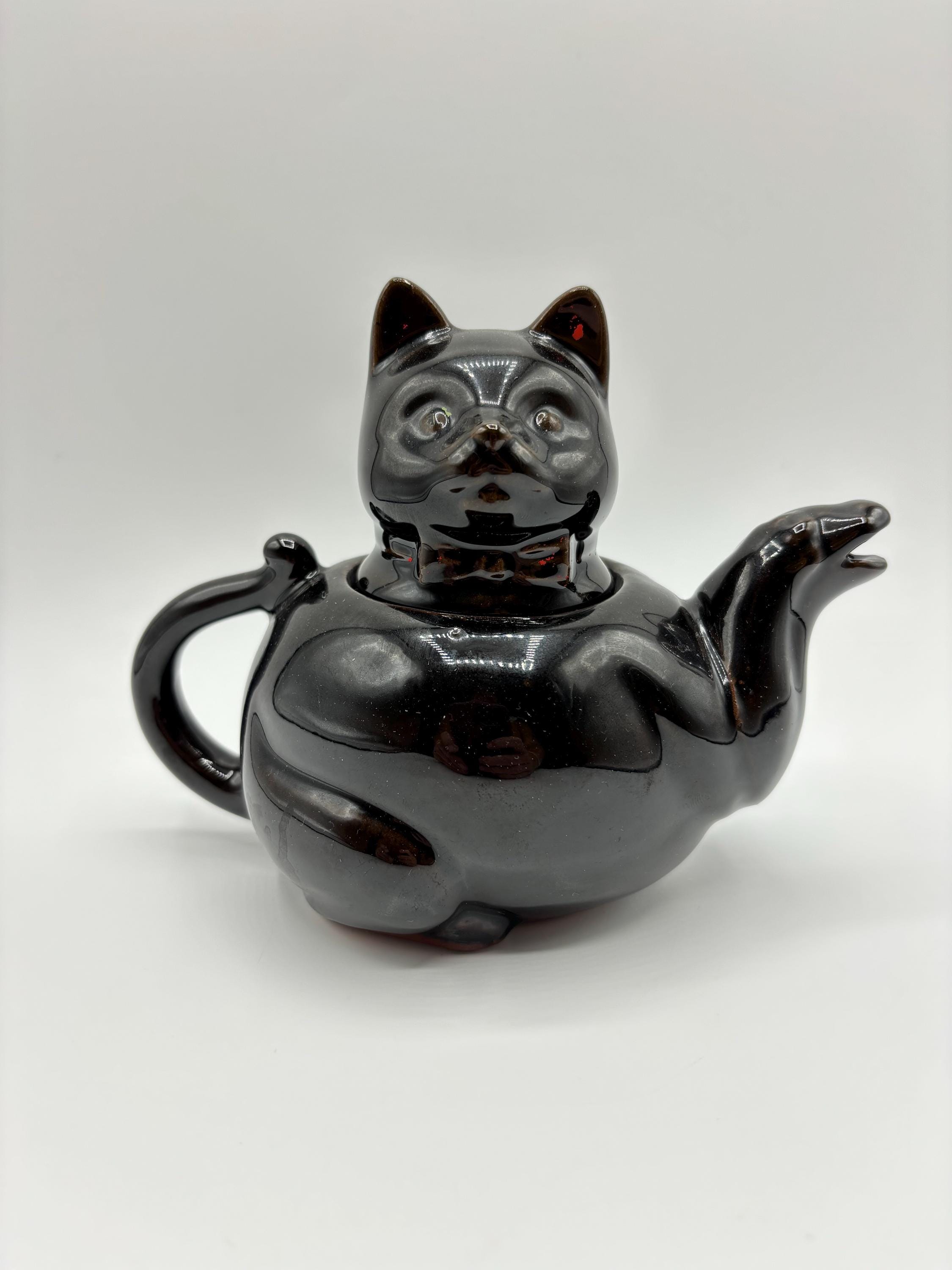 Vintage 1950s Shafford Redware Black Cat Teapot Japan Kitschy Red