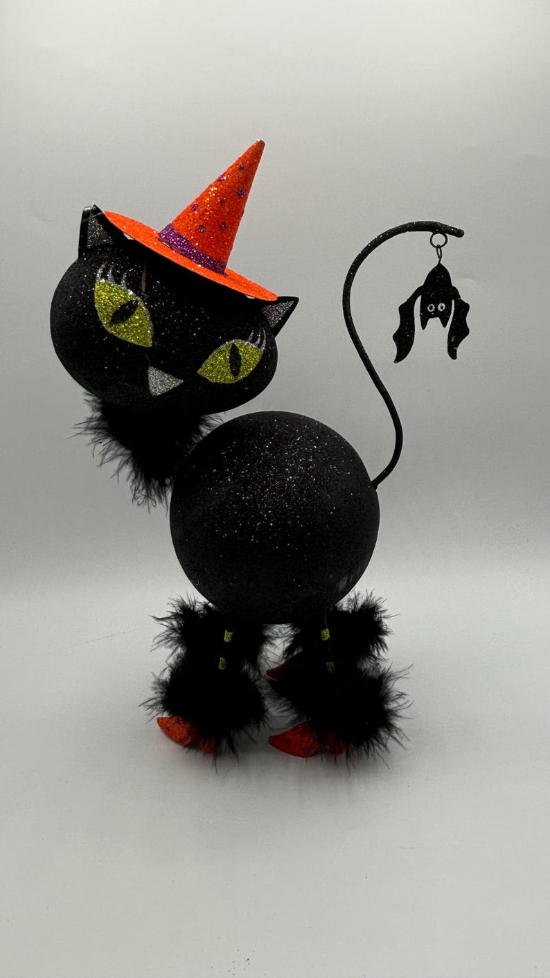 RARE Pier 1 Black Glitter Big Cat Halloween Decor With Bat Feather Tail