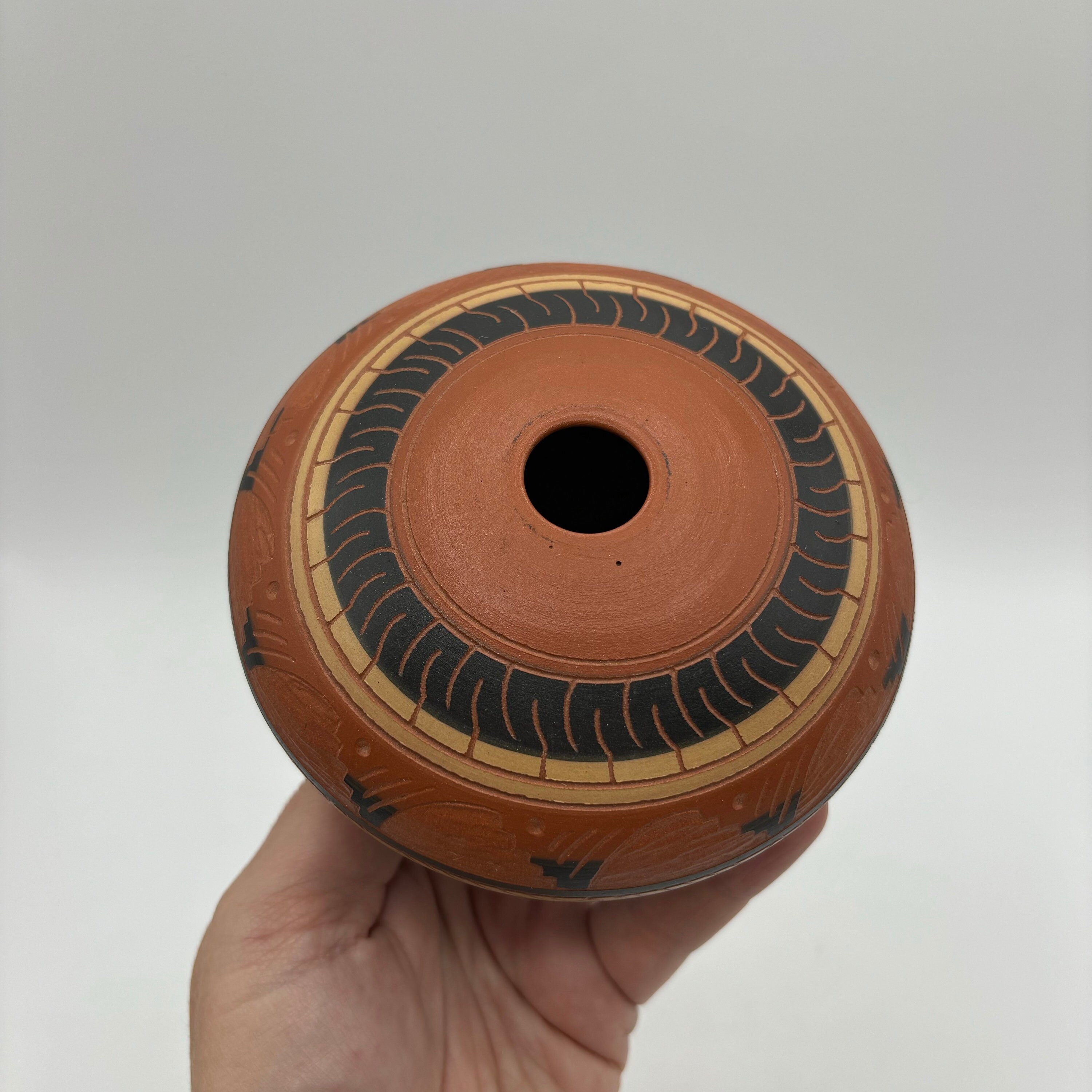 Vintage Native American Navajo Pottery Etched Geometric Glazed Red