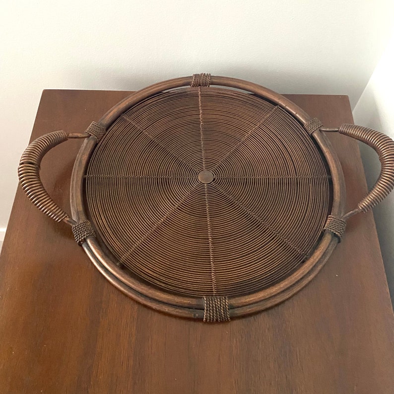 Vintage Copper Metal Wire Covered Cake Platter Serving Tray, Metal Wire Covered Food Tray image 7
