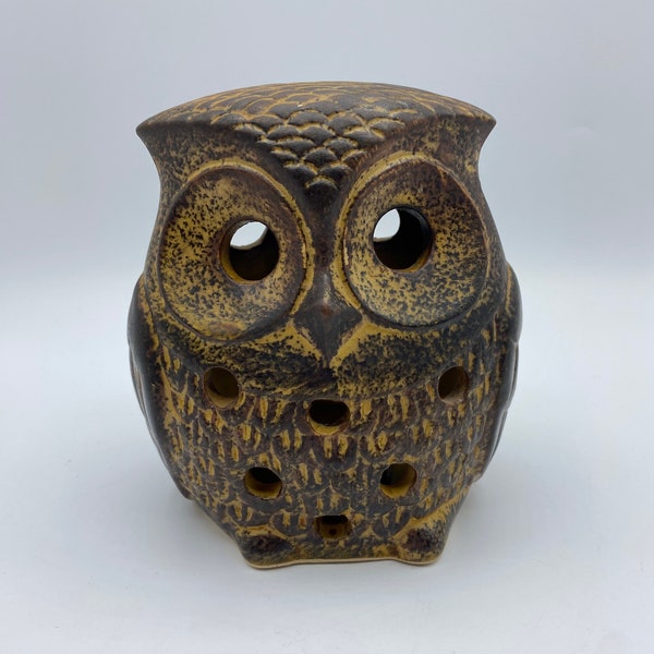 Vintage Brown Stoneware Ceramic Owl Candle Holder, Vintage 2 Sided Ceramic Tea light Candle Holder