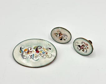 Ensemble vintage de broches et de boucles d'oreilles en émail MCM, tourbillon abstrait, signé