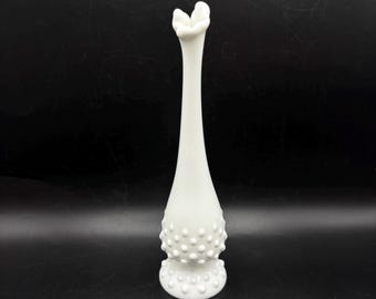 Vintage Fenton White Hobnail Milk Glass Stretch Swung Footed Bud Vase 9.5”