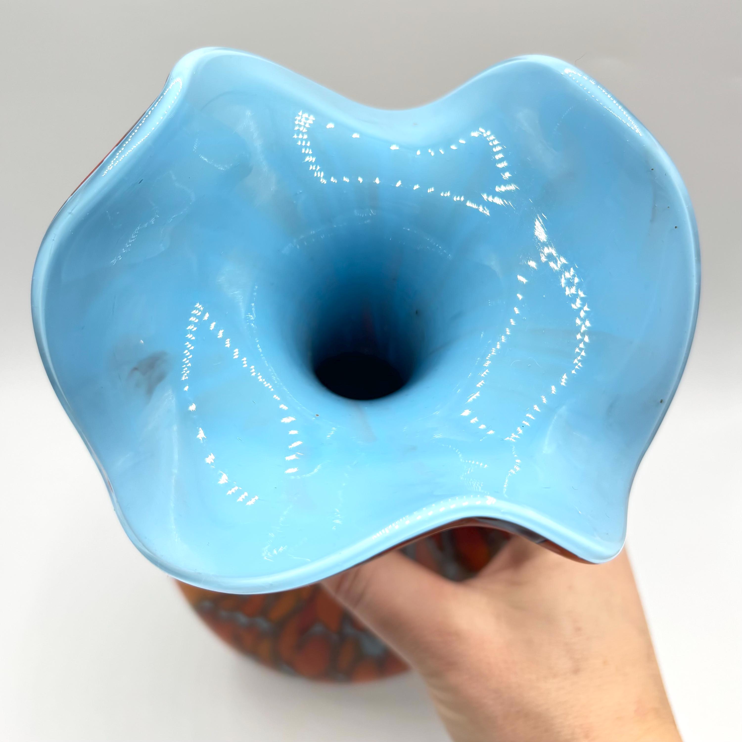 Czech Art Glass Vase: Orange Blue Confetti With Ruffle Edge (13.5