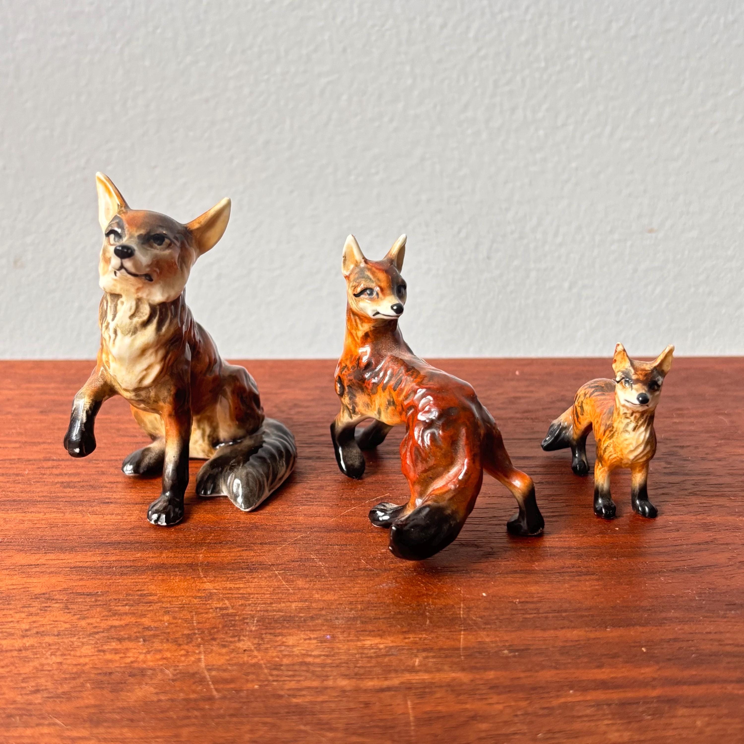 Vintage Bone China Red Fox Figurines: Miniature Family Set, Made