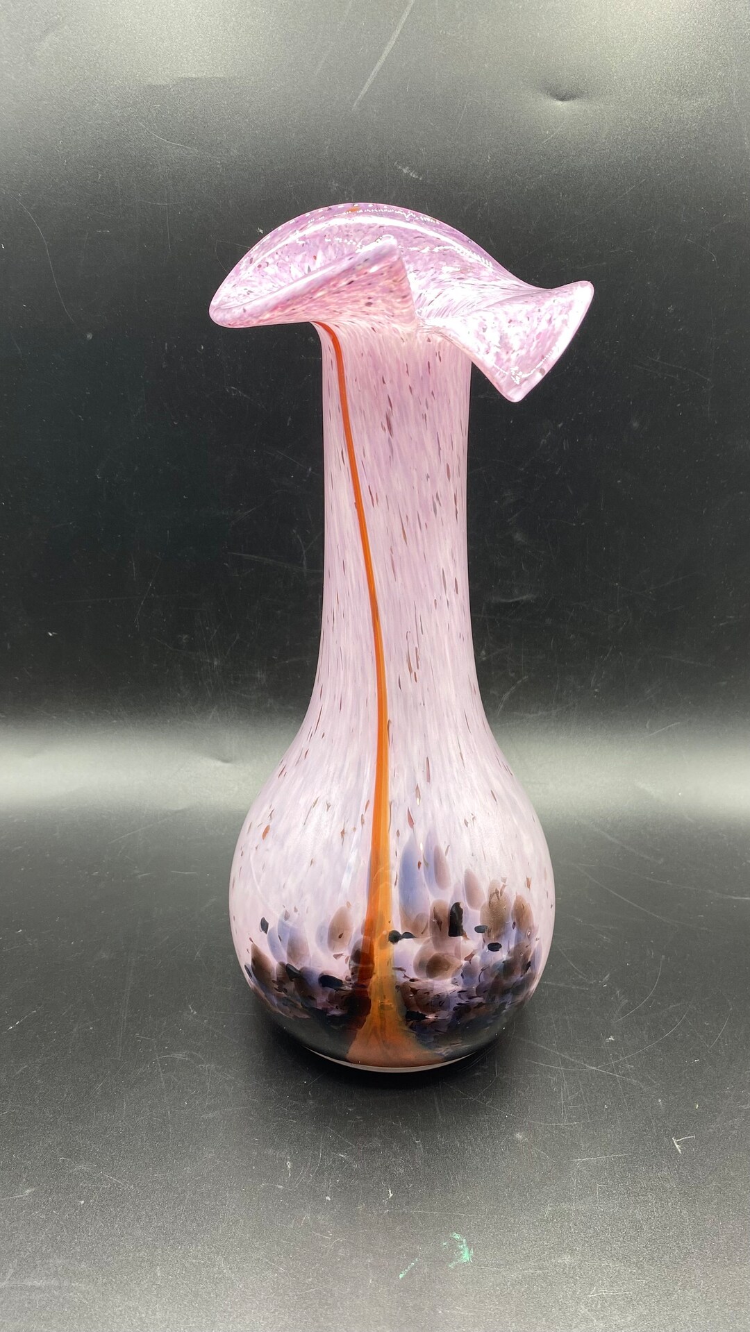 Vintage Purple Romanian Purple Art Glass Vase With Red and White Swirl Design, Nico Art Glass