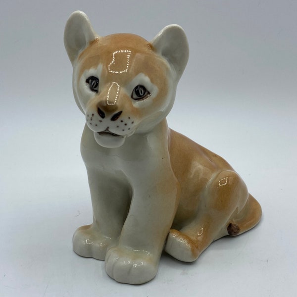 Vintage Lomonosov Lion Cub Figurine, USSR Porcelain Russian Animal Figurine