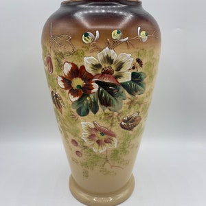 Antique Victorian Glass Vase in Cream Opaline with Brown and Handpainted Floral Design, Art Nouveau Hand Painted Bristol Glass Vase