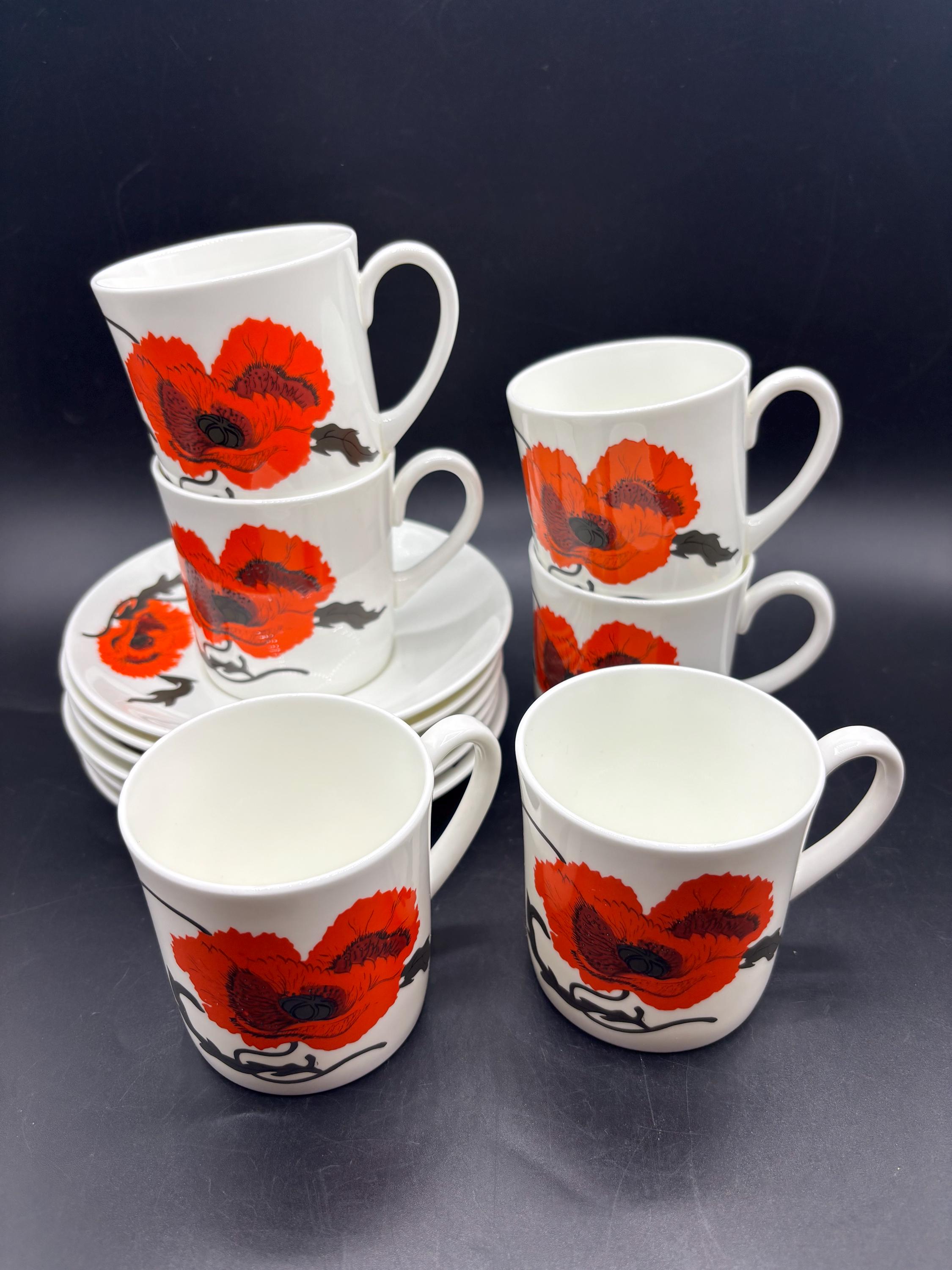 Vintage Wedgwood Susie Cooper Corn Poppy Tea Cup & Saucer Set (6