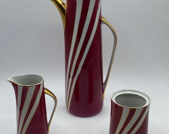 Midcentury Pink White Stripe Porcelain Coffee Pot Set by Wincenty Potacki for Ćmielów, Poland, 1960s