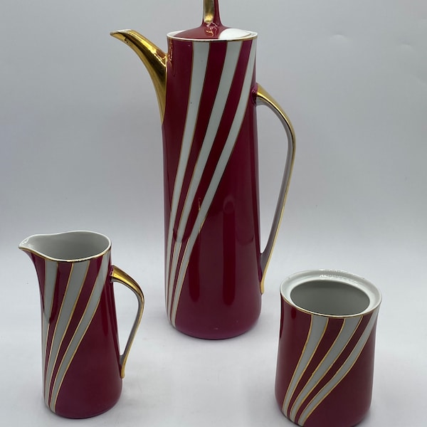 Midcentury Pink White Stripe Porcelain Coffee Pot Set by Wincenty Potacki for Ćmielów, Poland, 1960s