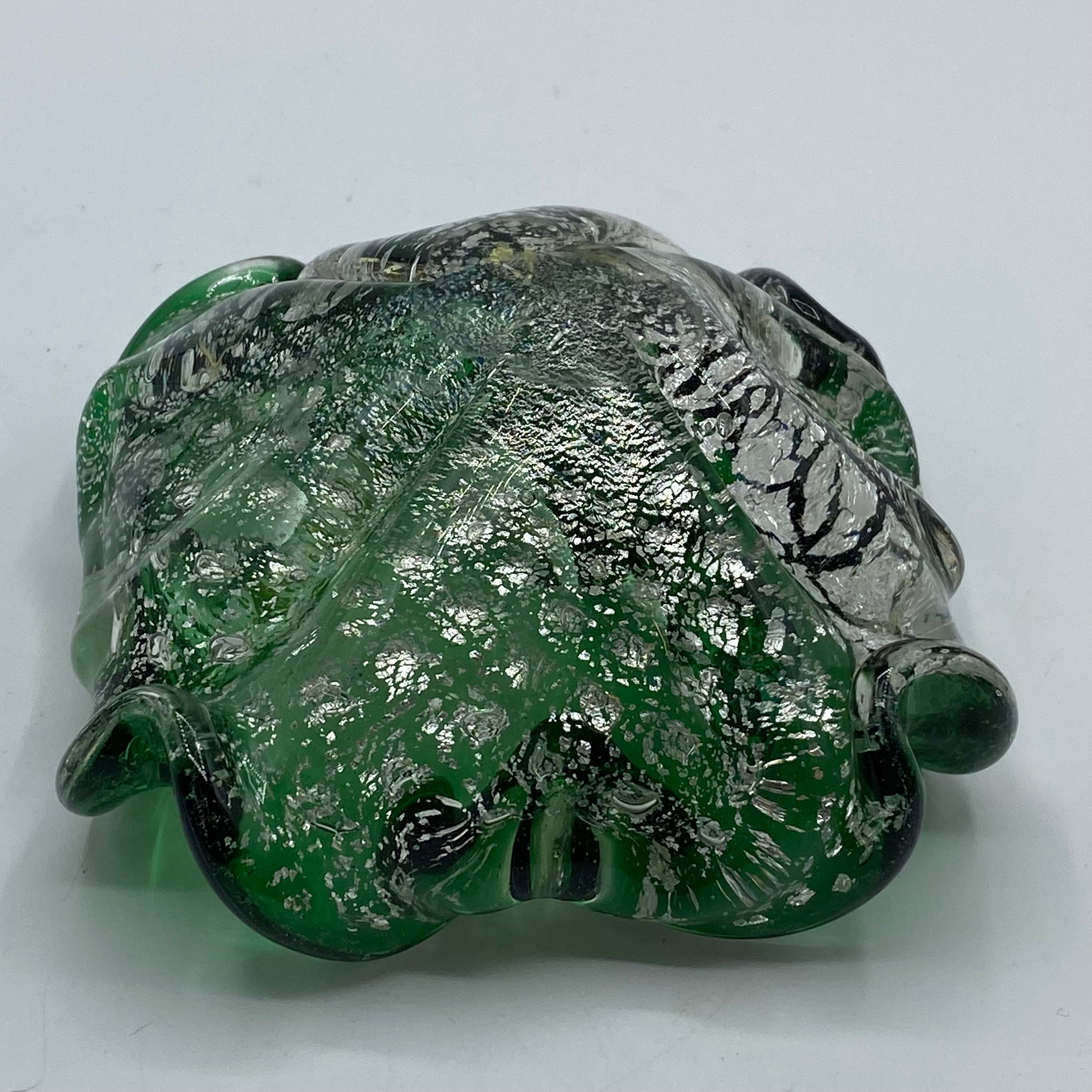 Vintage Murano Green Art Glass Bowl Ashtray: Silver Aventurine